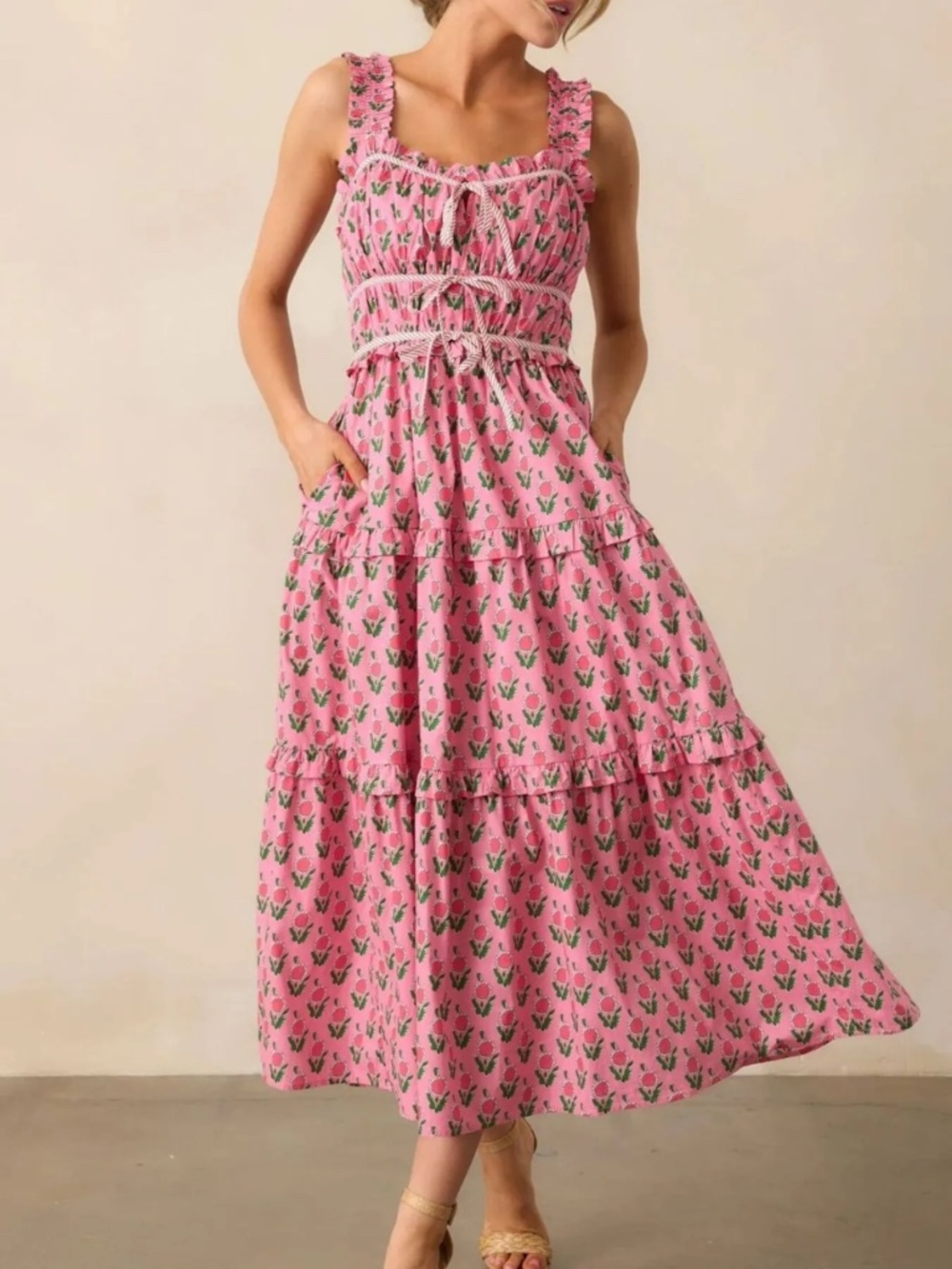 Entro Pink Floral Cotton Midi Dress Tie Bust Smocked Ruffle Pockets Size L